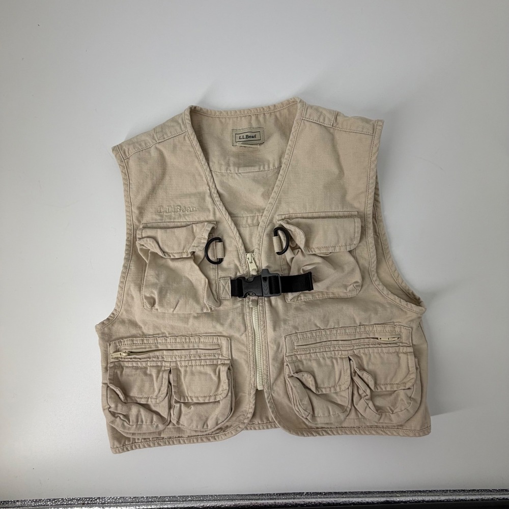 Vintage LL Bean Kids Utility Fishing Vest Khaki Tan Ripstop Cotton Size M 5/6